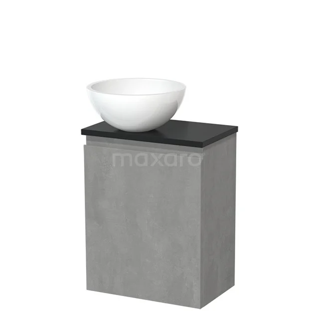 Toiletmeubel met waskom | 41 cm Lichtgrijs beton Greeploos front Hoogglans wit Mineraalmarmer waskom Mat zwart blad TMK10-13725