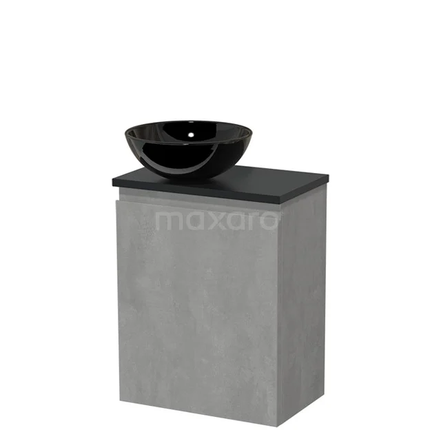 Toilet unit with countertop wash basin | 41 cm Light grey concrete Handleless front High-gloss black Ceramic worktop Matte black TMK10-13730