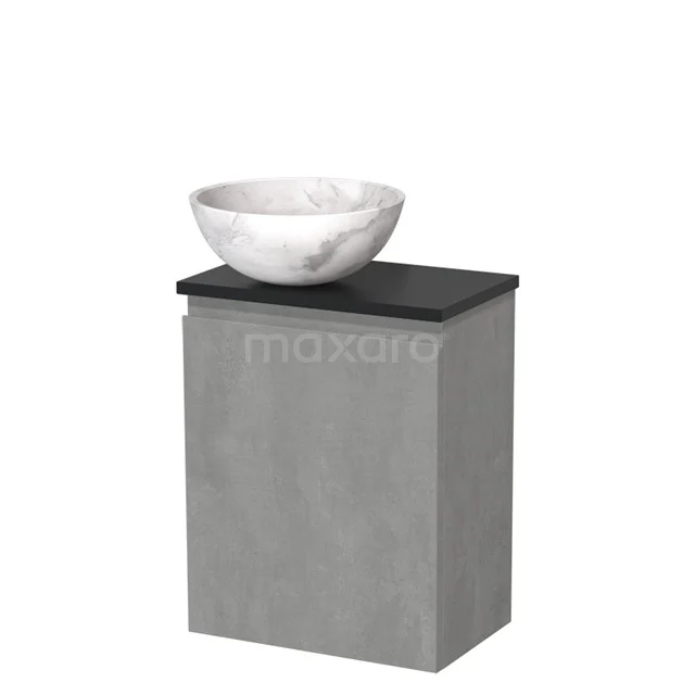 Toilet unit with countertop wash basin | 41 cm Light grey concrete Handleless front White marble Natural stone Countertop wash basin Matte black worktop TMK10-13734