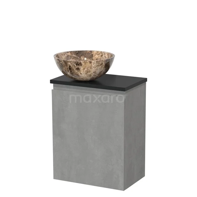 Toilet unit with countertop wash basin | 41 cm Light grey concrete Handleless front Dark emperador Natural stone basin Matte black worktop TMK10-13735