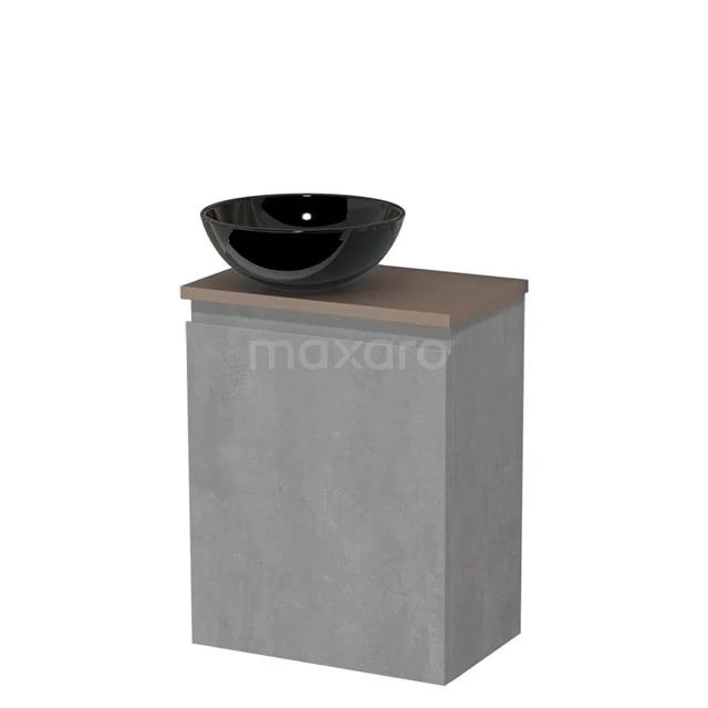 Toiletmeubel met waskom | 41 cm Lichtgrijs beton Greeploos front Hoogglans zwart Keramiek waskom Taupe blad TMK10-13743