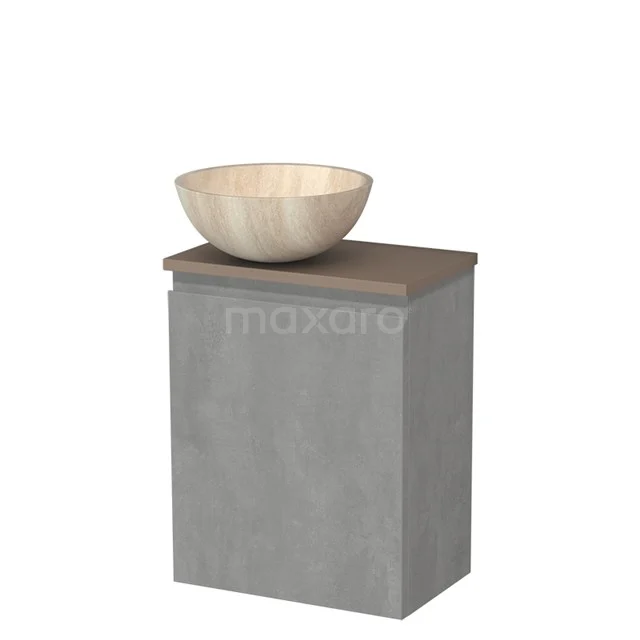 Toiletmeubel met waskom | 41 cm Lichtgrijs beton Greeploos front Travertin Natuursteen waskom Taupe blad TMK10-13746