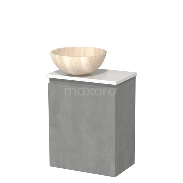 Toilet unit with countertop wash basin | 41 cm Light grey concrete Handleless front Travertine Natural stone countertop wash basin High-gloss white worktop TMK10-13772