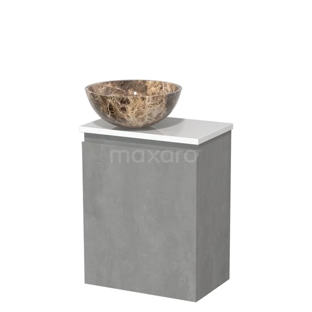 Toilet unit with countertop wash basin | 41 cm Light grey concrete Handleless front Dark emperador Natural stone countertop wash basin High-gloss white worktop TMK10-13774