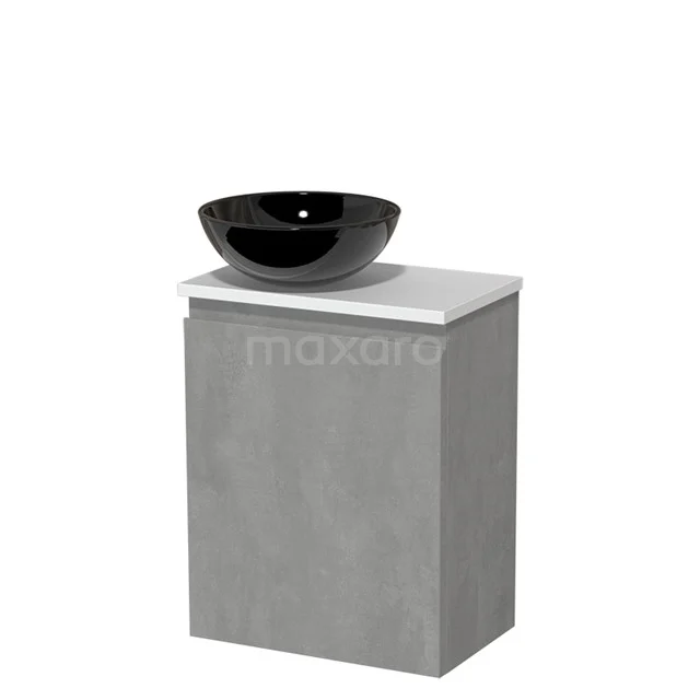 Toilet unit with countertop wash basin | 41 cm Light grey concrete Handleless front High-gloss black Ceramic wash basin Matte white worktop TMK10-13782