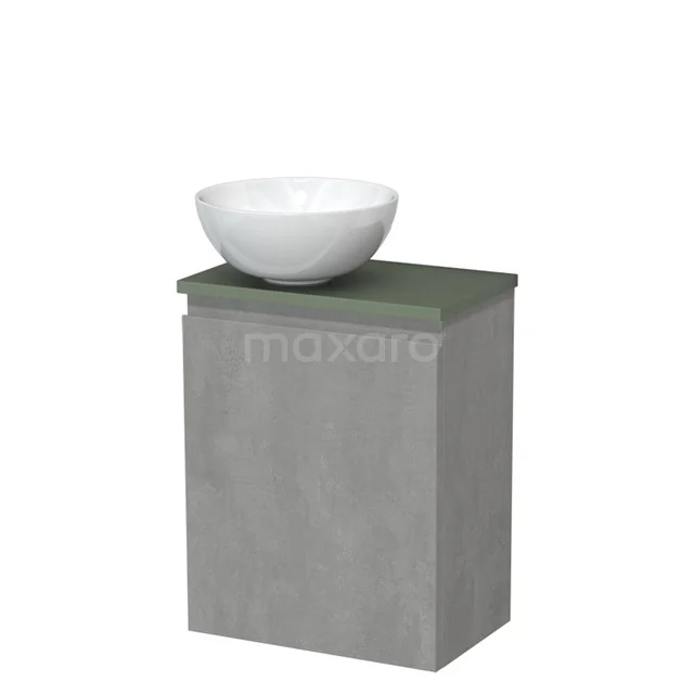 Toilet unit with countertop wash basin | 41 cm Light grey concrete Handleless front High-gloss white Ceramic wash basin Sage green worktop TMK10-13801