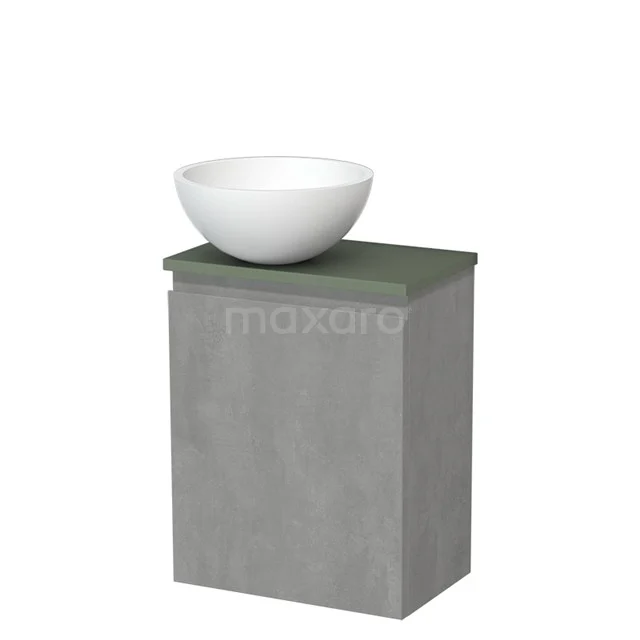 Toiletmeubel met waskom | 41 cm Lichtgrijs beton Greeploos front Mat wit Solid surface waskom Saliegroen blad TMK10-13802