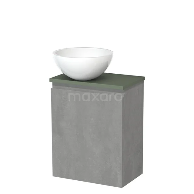 Toiletmeubel met waskom | 41 cm Lichtgrijs beton Greeploos front Hoogglans wit Mineraalmarmer waskom Saliegroen blad TMK10-13803