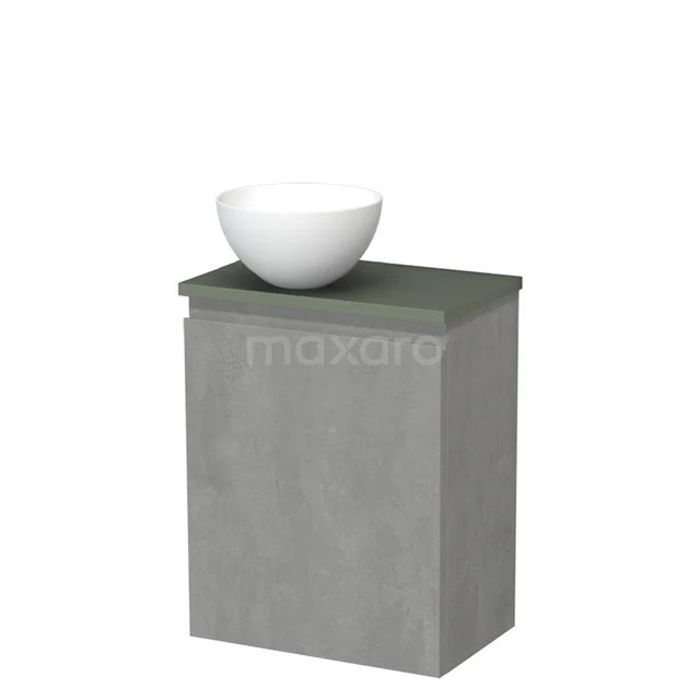 Toilet unit with wash basin | 41 cm Light grey concrete Handleless front Matte white Solidtop wash basin Sage green worktop TMK10-13810