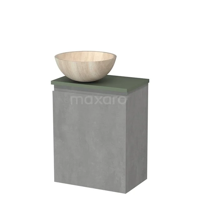 Toilet unit with wash basin | 41 cm Light grey concrete Handleless front Travertine Natural stone countertop wash basin Sage green worktop TMK10-13811