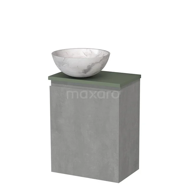 Toiletmeubel met waskom | 41 cm Lichtgrijs beton Greeploos front Wit marmer Natuursteen waskom Saliegroen blad TMK10-13812