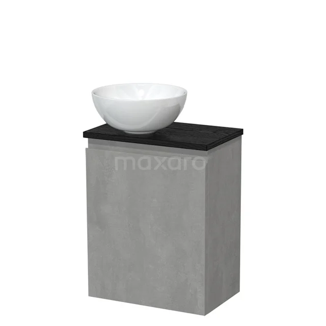 Toilet unit with countertop wash basin | 41 cm Light grey concrete Handleless front High-gloss white Ceramic worktop Black oak top TMK10-13814