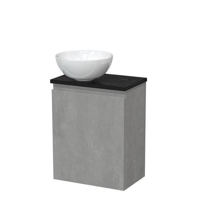 Toiletmeubel met waskom | 41 cm Lichtgrijs beton Greeploos front Hoogglans wit Keramiek waskom Zwart eiken blad TMK10-13814