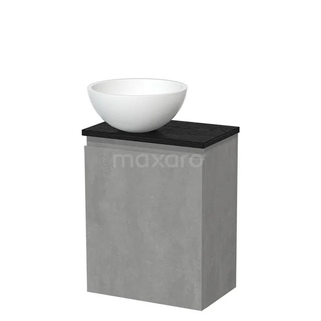 Toilet unit with countertop wash basin | 41 cm Light grey concrete Handleless front Matte white Solid surface wash basin Black oak fronts TMK10-13815