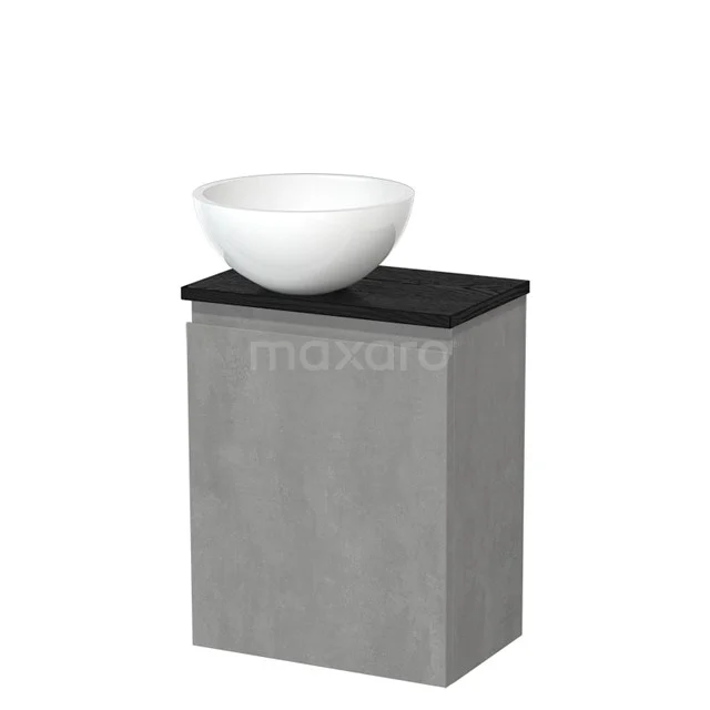 Toiletmeubel met waskom | 41 cm Lichtgrijs beton Greeploos front Hoogglans wit Mineraalmarmer waskom Zwart eiken blad TMK10-13816