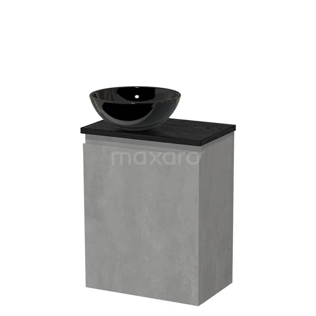 Toilet unit with countertop wash basin | 41 cm Light grey concrete Handleless front High-gloss black Ceramic basin Black oak fronts TMK10-13821