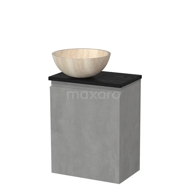 Toilet unit with countertop wash basin | 41 cm Light grey concrete Handleless front Travertine Natural stone basin Black oak worktop TMK10-13824