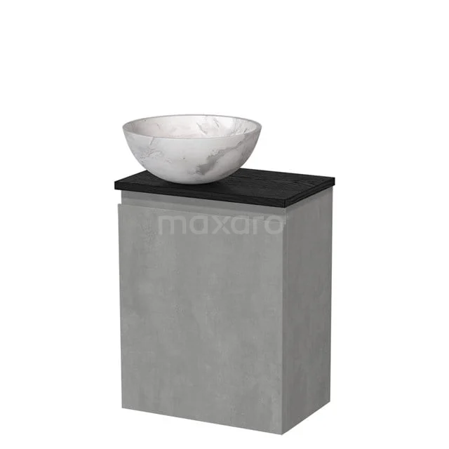 Toiletmeubel met waskom | 41 cm Lichtgrijs beton Greeploos front Wit marmer Natuursteen waskom Zwart eiken blad TMK10-13825