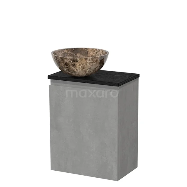 Toiletmeubel met waskom | 41 cm Lichtgrijs beton Greeploos front Dark emperador Natuursteen waskom Zwart eiken blad TMK10-13826