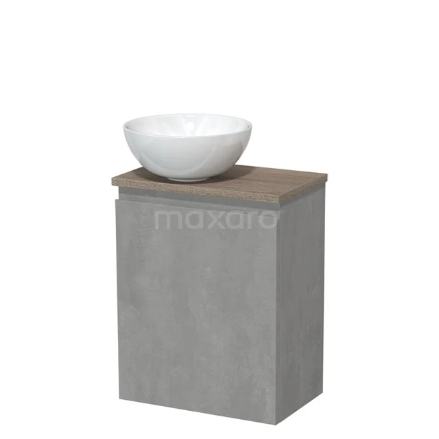 Toiletmeubel met waskom | 41 cm Lichtgrijs beton Greeploos front Hoogglans wit Keramiek waskom Eiken blad TMK10-13840