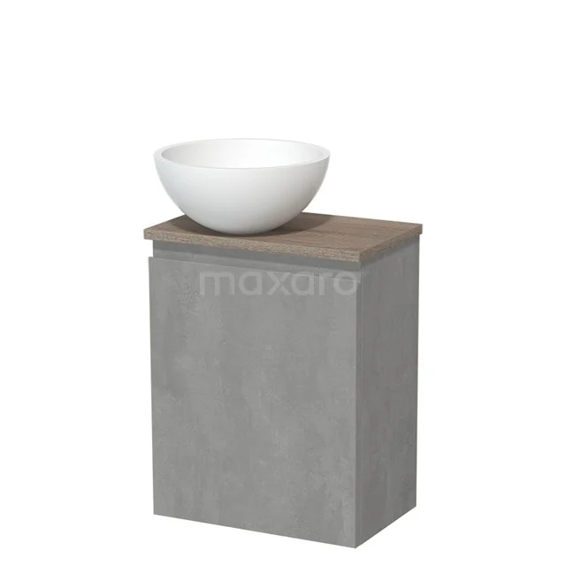 Toiletmeubel met waskom | 41 cm Lichtgrijs beton Greeploos front Mat wit Solid surface waskom Eiken blad TMK10-13841