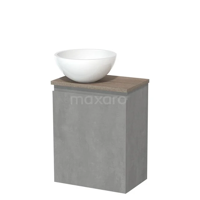 Toiletmeubel met waskom | 41 cm Lichtgrijs beton Greeploos front Hoogglans wit Mineraalmarmer waskom Eiken blad TMK10-13842