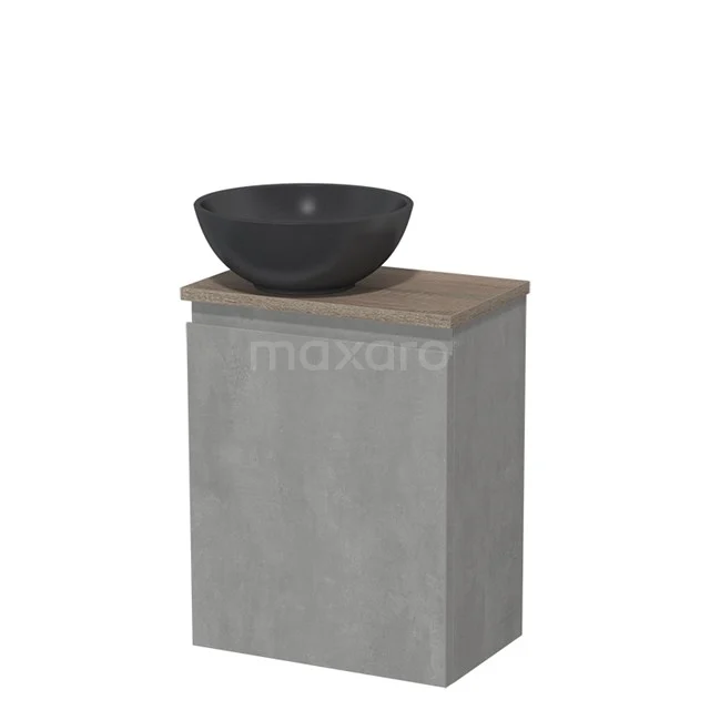 Toiletmeubel met waskom | 41 cm Lichtgrijs beton Greeploos front Mat zwart Quartz waskom Eiken blad TMK10-13844