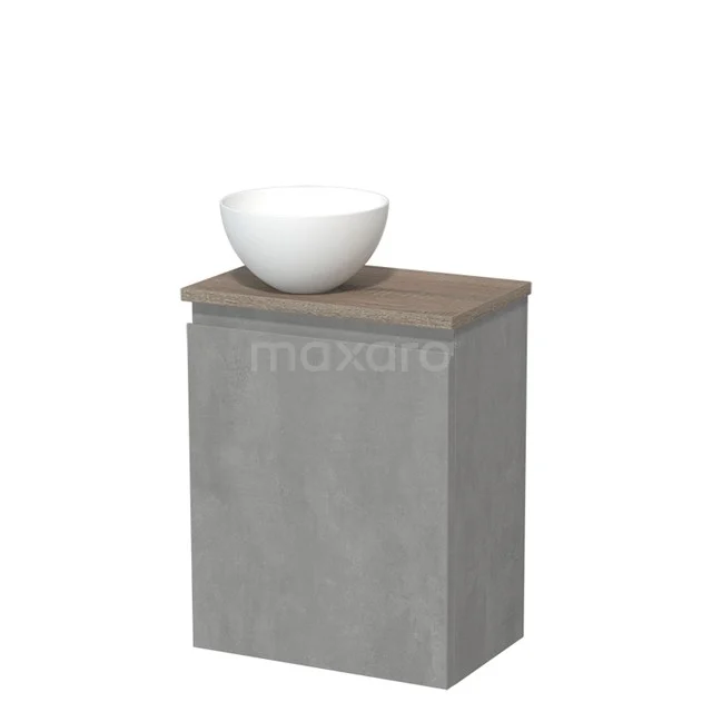 Toiletmeubel met waskom | 41 cm Lichtgrijs beton Greeploos front Mat wit Solid surface waskom Eiken blad TMK10-13849