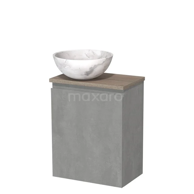 Toiletmeubel met waskom | 41 cm Lichtgrijs beton Greeploos front Wit marmer Natuursteen waskom Eiken blad TMK10-13851