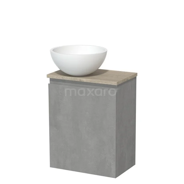 Toiletmeubel met waskom | 41 cm Lichtgrijs beton Greeploos front Mat wit Solid surface waskom Lichtgrijs eiken blad TMK10-13854