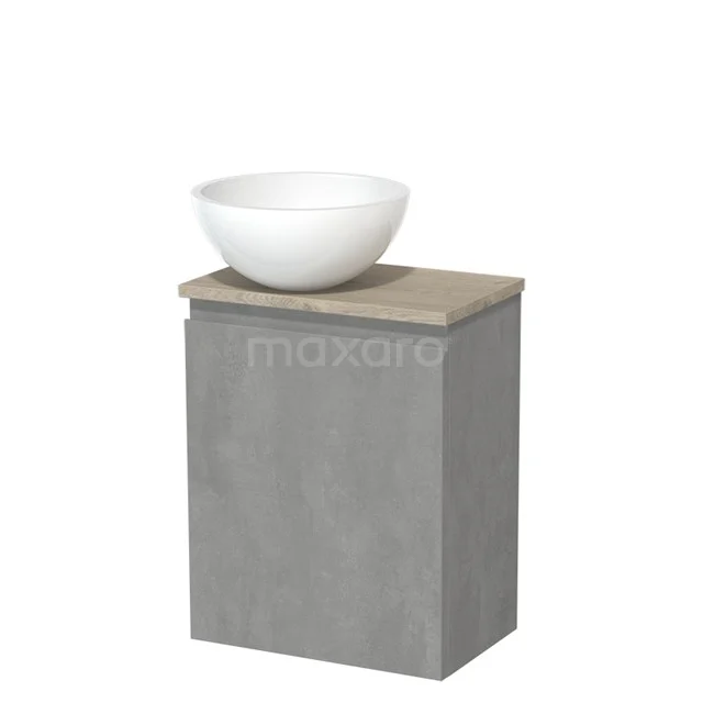 Toilet unit with countertop wash basin | 41 cm Light grey concrete Handleless front High-gloss white Mineral marble basin Light grey oak worktop TMK10-13855