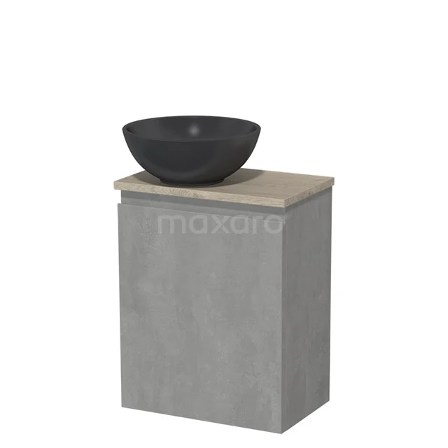 Toiletmeubel met waskom | 41 cm Lichtgrijs beton Greeploos front Mat zwart Quartz waskom Lichtgrijs eiken blad TMK10-13857