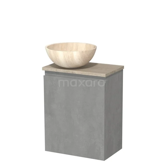 Toilet unit with countertop wash basin | 41 cm Light grey concrete Handleless front Travertine Natural stone basin Light grey oak worktop TMK10-13863