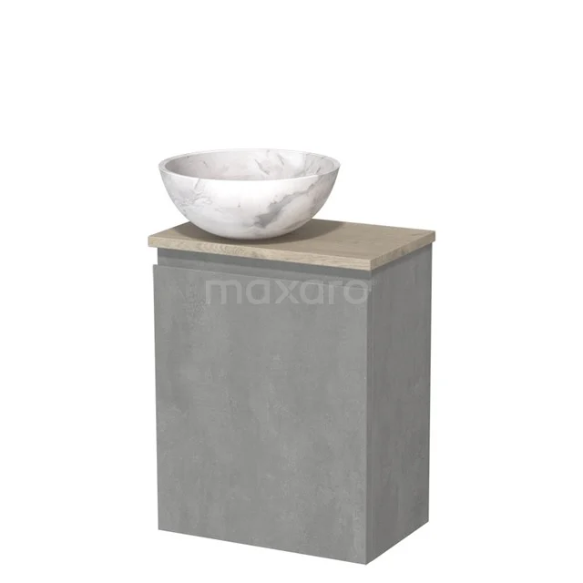 Toiletmeubel met waskom | 41 cm Lichtgrijs beton Greeploos front Wit marmer Natuursteen waskom Lichtgrijs eiken blad TMK10-13864