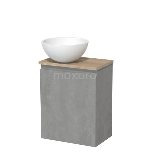 Toilet unit with countertop wash basin | 41 cm Light grey concrete Handleless front Matte white Solid surface wash basin Light brown oak worktop TMK10-13867