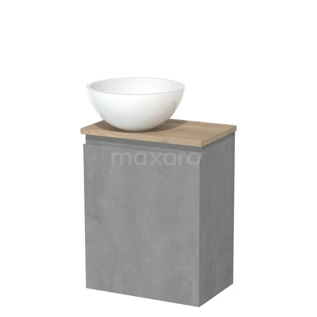 Toiletmeubel met waskom | 41 cm Lichtgrijs beton Greeploos front Hoogglans wit Mineraalmarmer waskom Lichtbruin eiken blad TMK10-13868