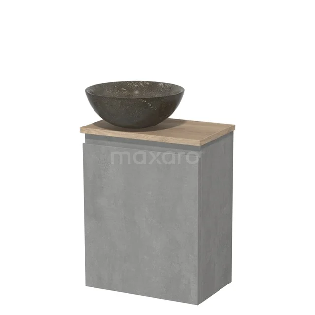 Toiletmeubel met waskom | 41 cm Lichtgrijs beton Greeploos front Blue stone Natuursteen waskom Lichtbruin eiken blad TMK10-13869