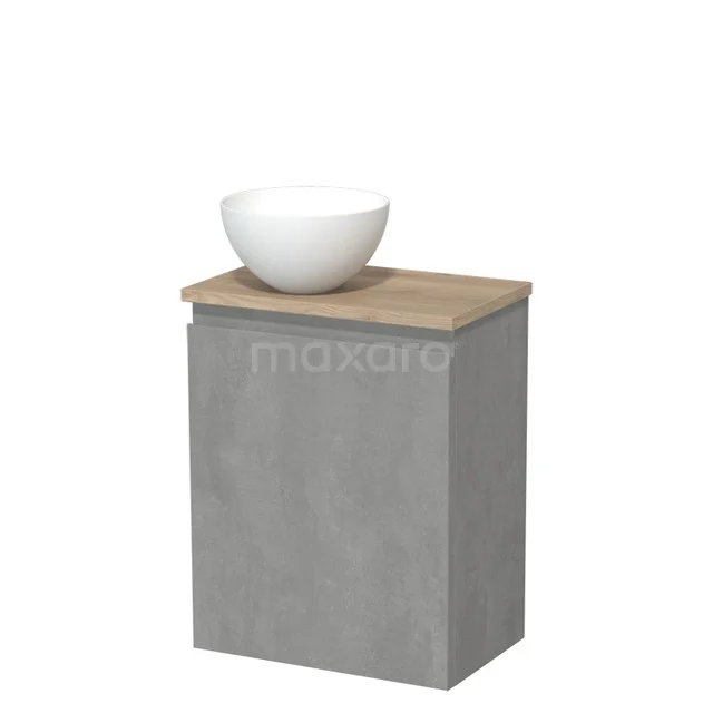 Toilet unit with countertop wash basin | 41 cm Light grey concrete Handleless front Matte white Solid surface wash basin Light brown oak worktop TMK10-13875