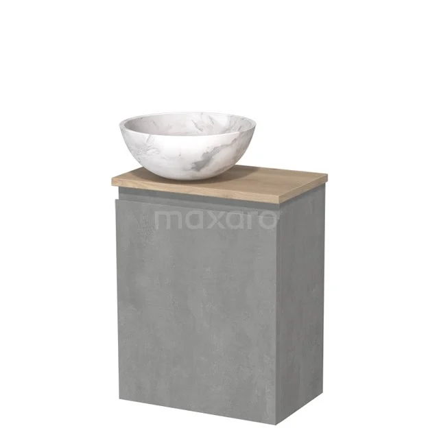 Toiletmeubel met waskom | 41 cm Lichtgrijs beton Greeploos front Wit marmer Natuursteen waskom Lichtbruin eiken blad TMK10-13877