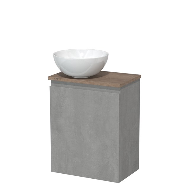 Toiletmeubel met waskom | 41 cm Lichtgrijs beton Greeploos front Hoogglans wit Keramiek waskom Middenbruin eiken blad TMK10-13879