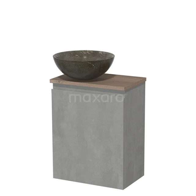 Toiletmeubel met waskom | 41 cm Lichtgrijs beton Greeploos front Blue stone Natuursteen waskom Middenbruin eiken blad TMK10-13882