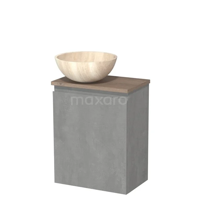 Toilet unit with countertop wash basin | 41 cm Light grey concrete Handleless front Travertine Natural stone wash basin Mid brown oak oak worktop TMK10-13889
