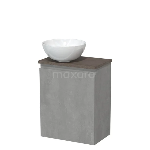 Toiletmeubel met waskom | 41 cm Lichtgrijs beton Greeploos front Hoogglans wit Keramiek waskom Donkerbruin eiken blad TMK10-13892