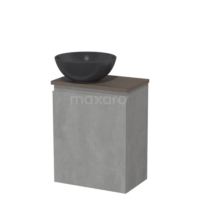 Toilet unit with countertop wash basin | 41 cm Light grey concrete Handleless front Matte black Quartz worktop Dark brown oak top TMK10-13896