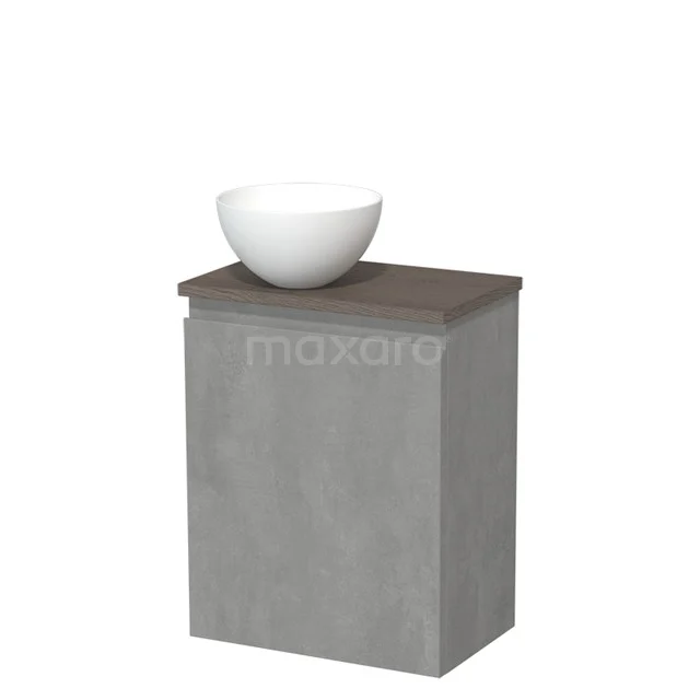 Toilet unit with countertop wash basin | 41 cm Light grey concrete Handleless front Matte white Solid surface wash basin Dark brown oak worktop Dark brown oak fronts TMK10-13901