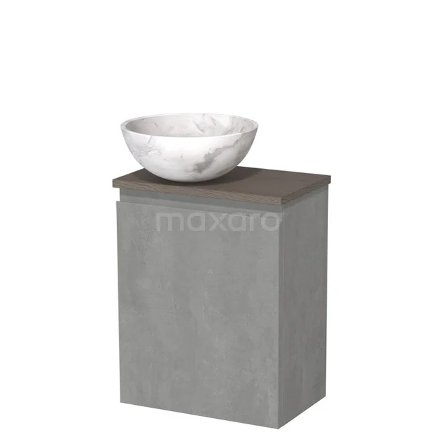 Toiletmeubel met waskom | 41 cm Lichtgrijs beton Greeploos front Wit marmer Natuursteen waskom Donkerbruin eiken blad TMK10-13903