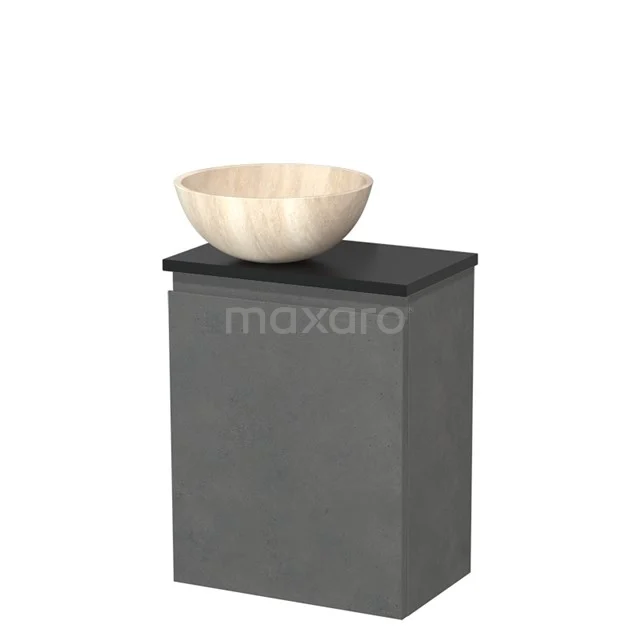 Toilet unit with countertop wash basin | 41 cm Dark grey concrete Handleless front Travertine Natural stone basin Matte black worktop TMK10-13955