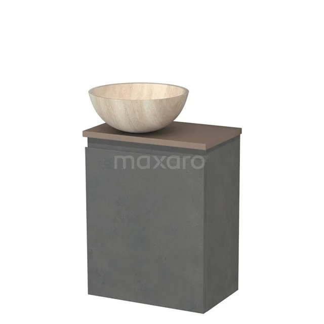 Toilet unit with countertop wash basin | 41 cm Dark grey concrete Handleless front Travertine Natural stone wash basin Taupe worktop TMK10-13968