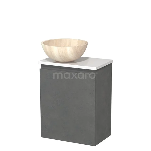 Toilet unit with countertop wash basin | 41 cm Dark grey concrete Handleless front Travertine Natural stone basin High-gloss white worktop TMK10-13994