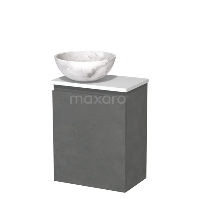 Toilet unit with countertop wash basin | 41 cm Dark grey concrete Handleless front White marble Natural stone basin Matte white worktop TMK10-14008
